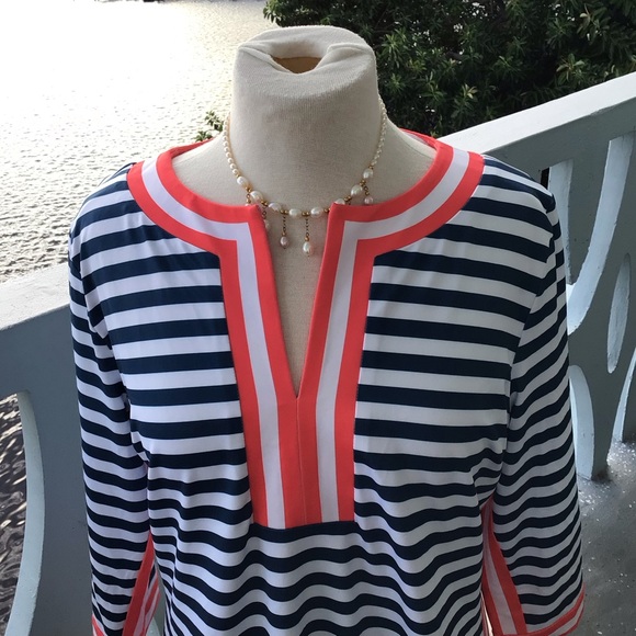 Gretchen Scott Midi Striped Dress in Coral and Navy - Picture 5 of 10